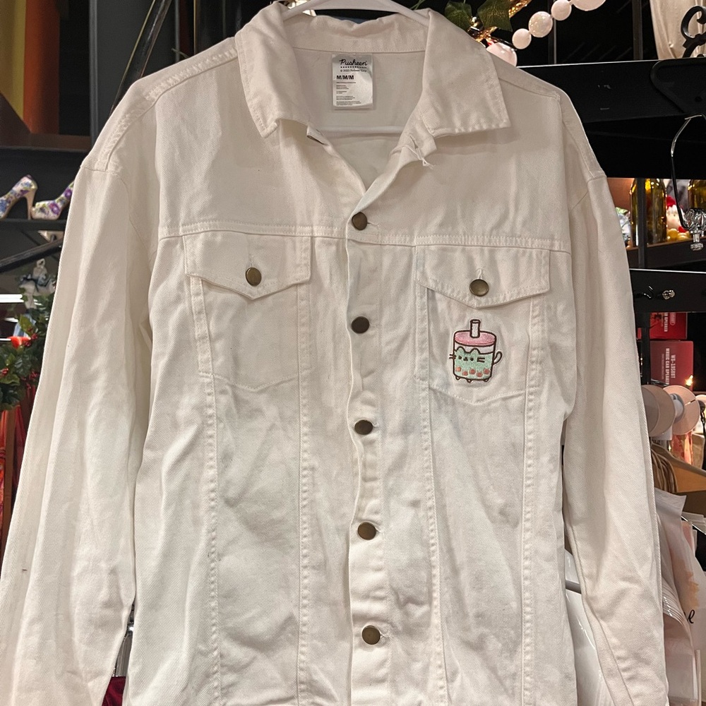 White Denim Jacket with Boba Pusheen